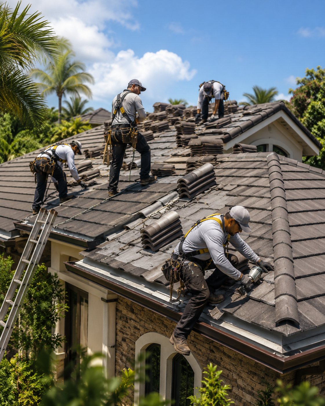 Summit Roofing crew installing a new tile roof on a Tampa Bay home