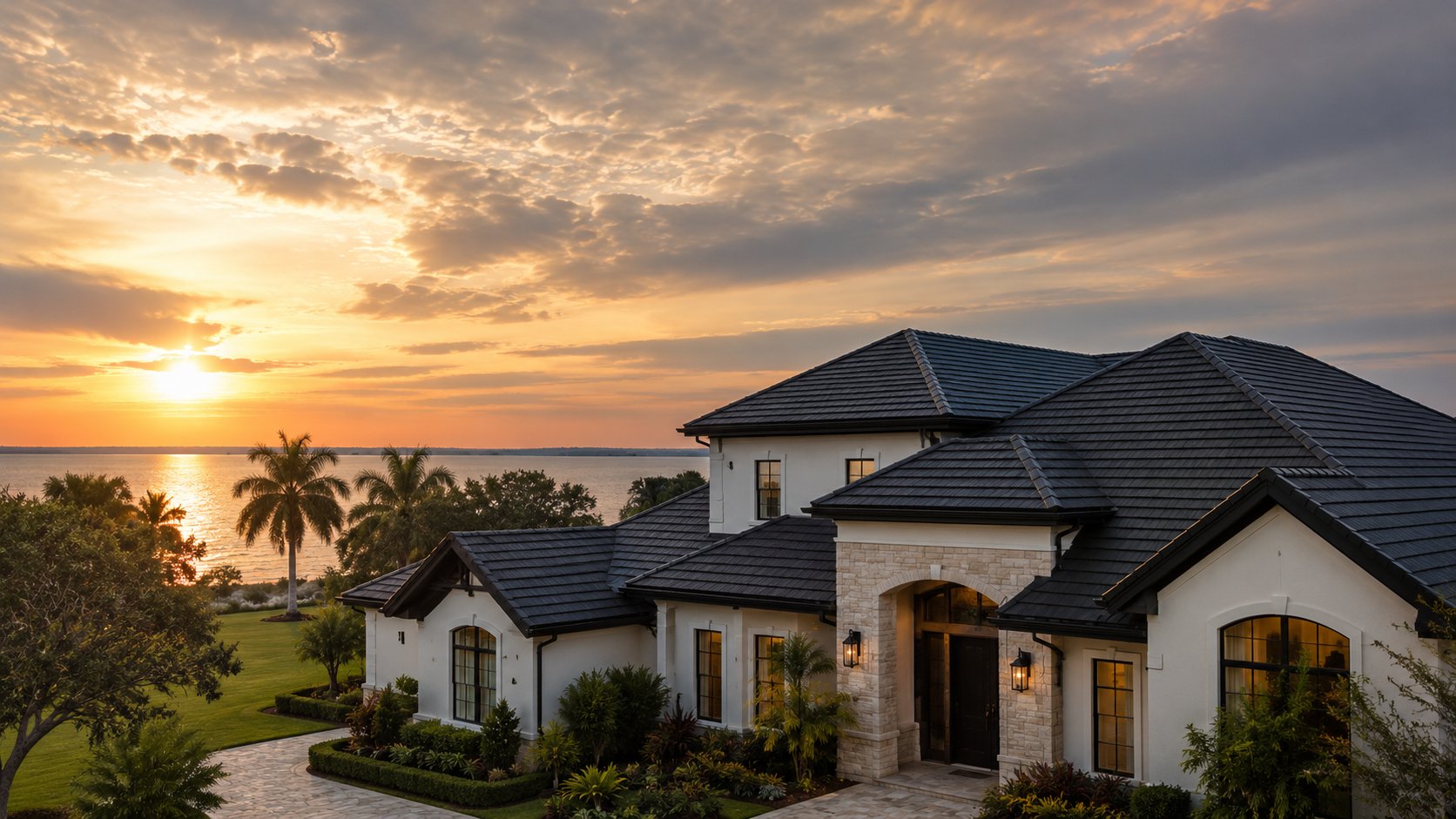 Luxury Tampa Bay waterfront home with a premium tile roof at sunset