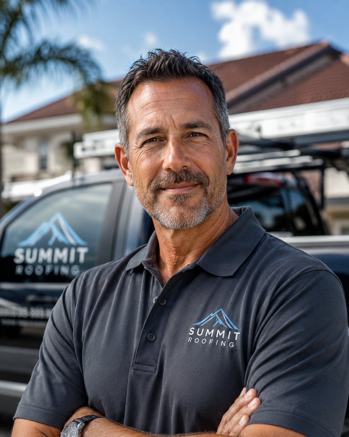 Mike Callahan, Owner and Founder of Summit Roofing, in front of a Summit company vehicle