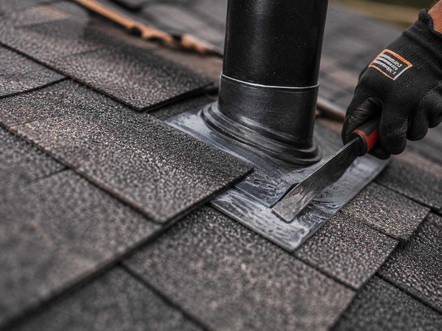 Close-up of roof flashing repair around a vent pipe