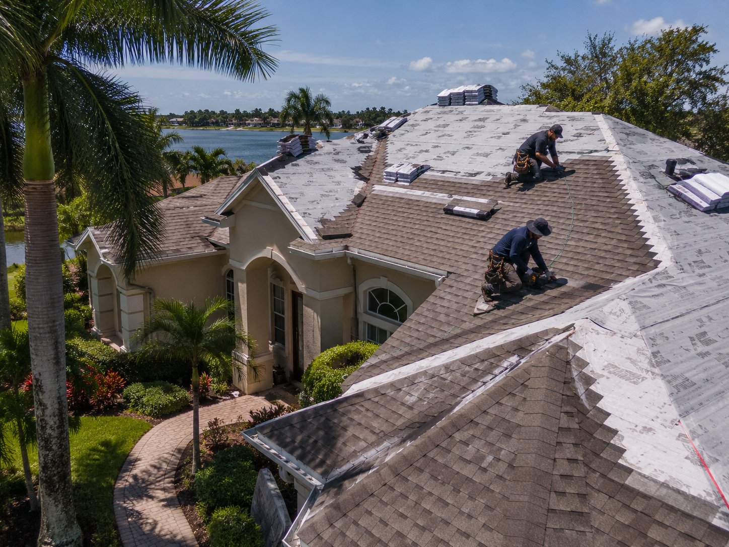 Summit Roofing crew working on a residential roof replacement in Tampa Bay