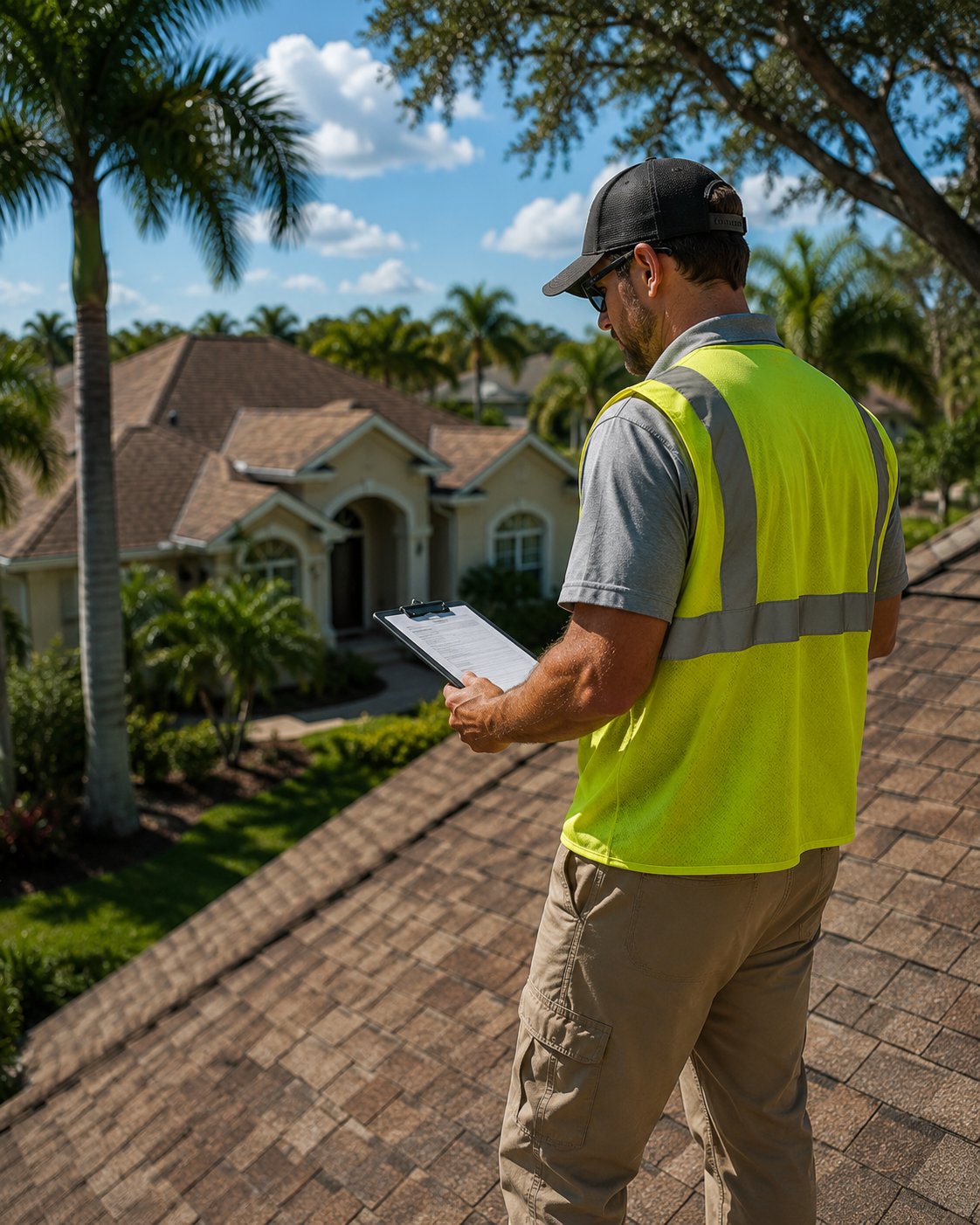 Summit Roofing inspector reviewing a residential roof in Tampa Bay