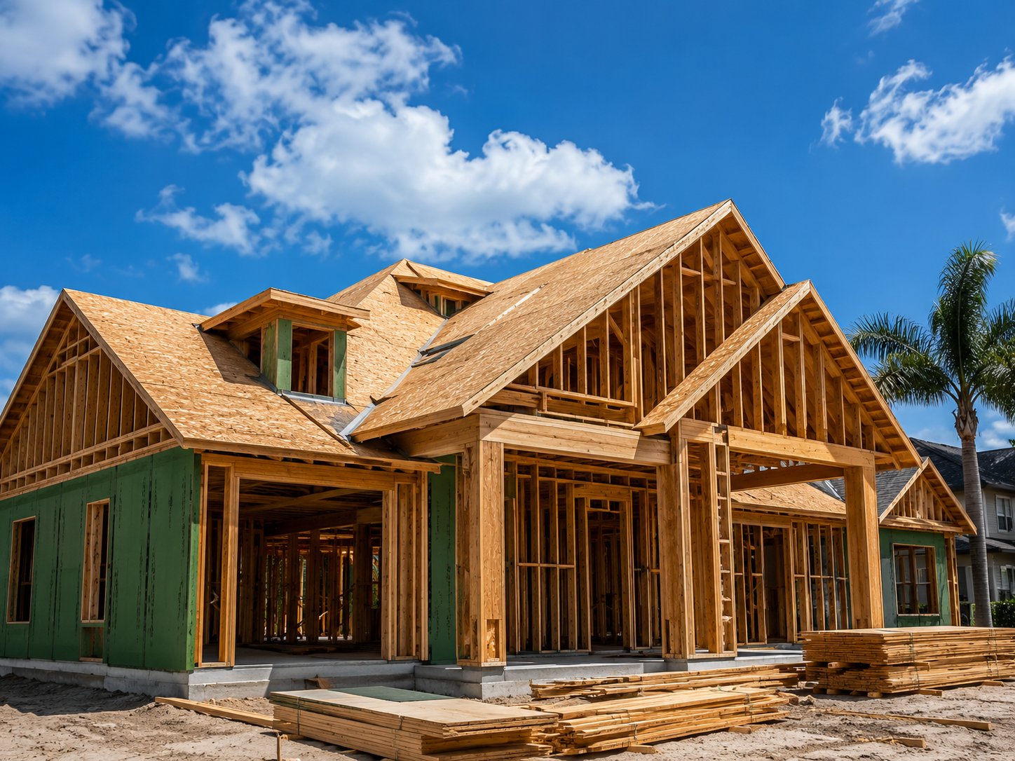New home construction framing showing roof decking under a Florida blue sky