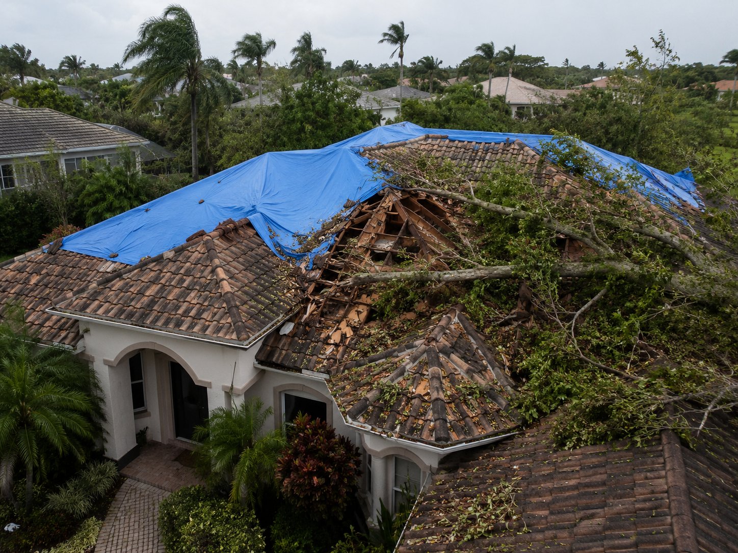 Storm-damaged roof with emergency tarp covering hurricane damage